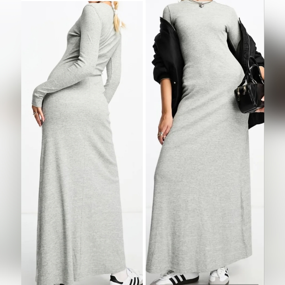 NWOT ASOS Gray Ribbed Cotton‎ Long Sleeve Maxi Dress Sz 12